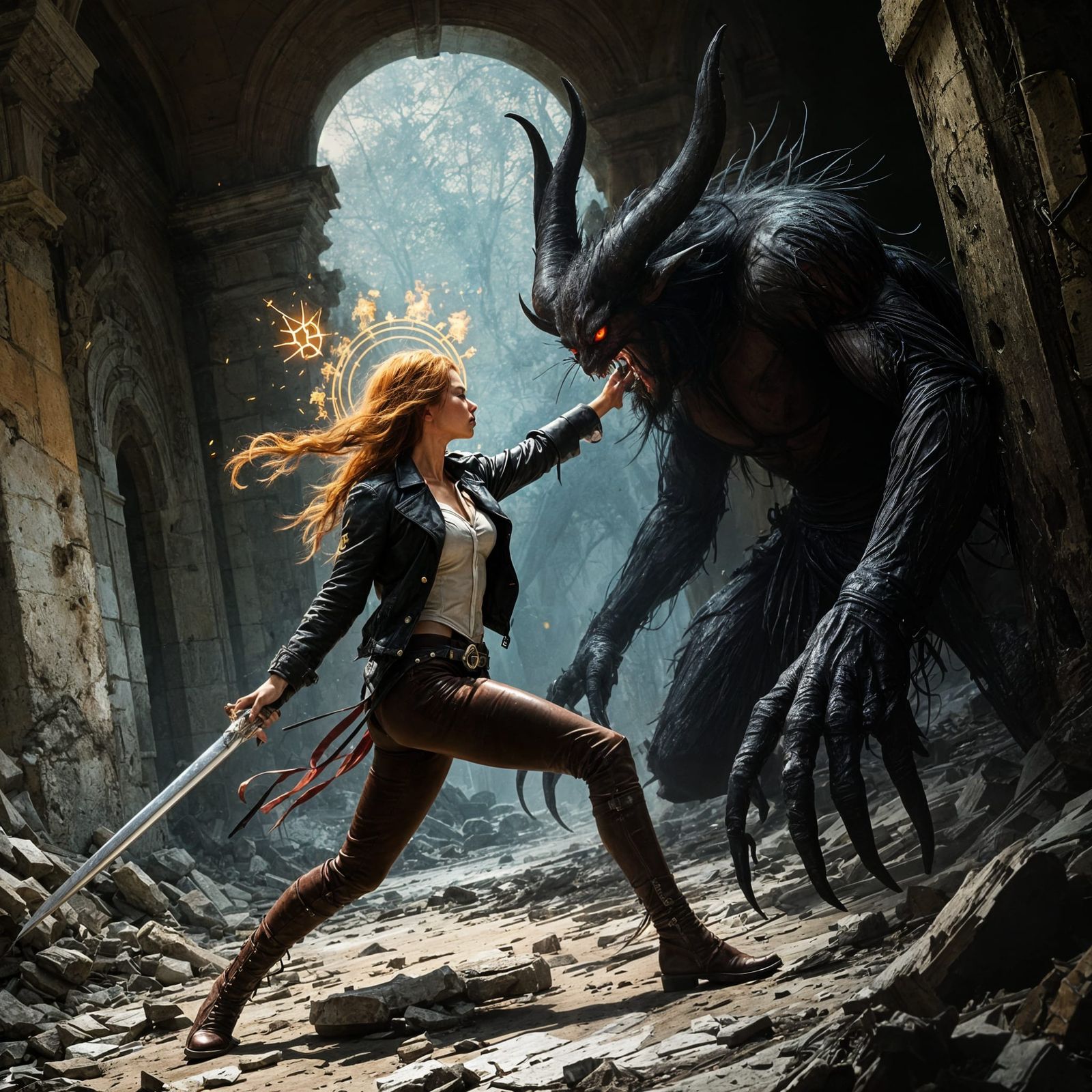 Fiery Woman Warrior Battles Demon in Forsaken Temple