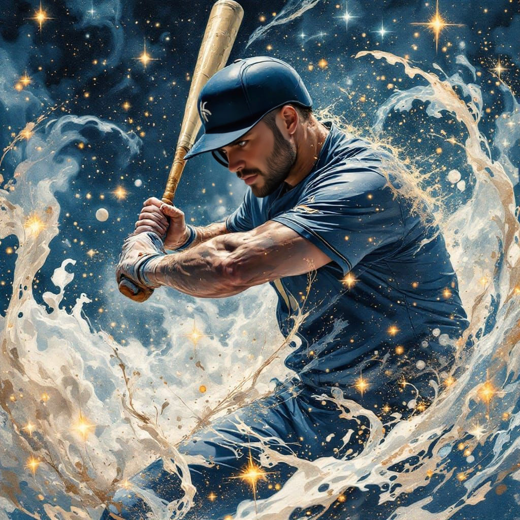 Handsome Man Plays Baseball in Watercolor Splash Style