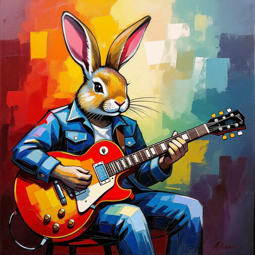 Rabbit Rock Guitarist in Expressionist Oil Painting