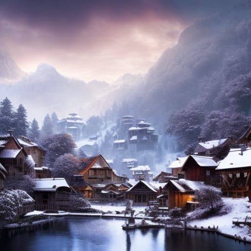 Snowy Mountain Village: Epic Digital Matte Painting