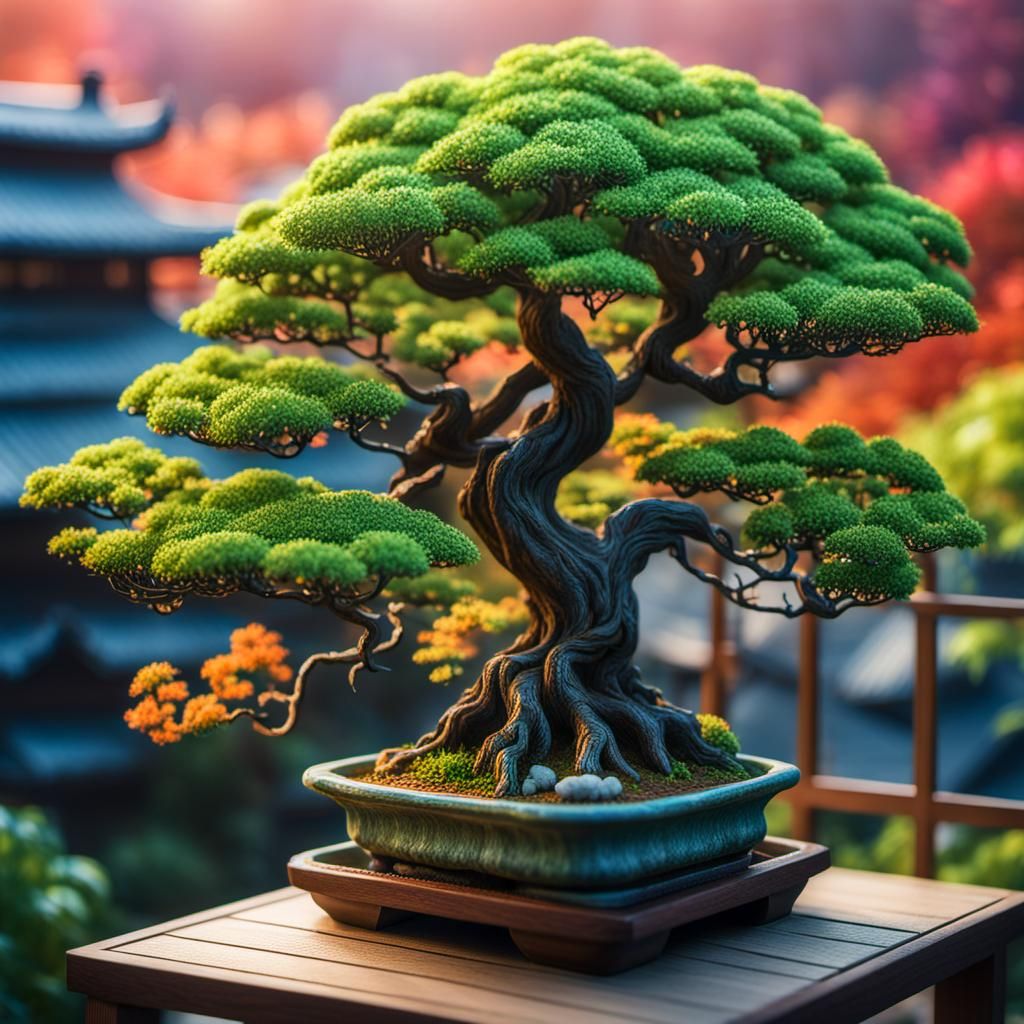 Hyperrealistic Bonsai Tree on Japanese Balcony