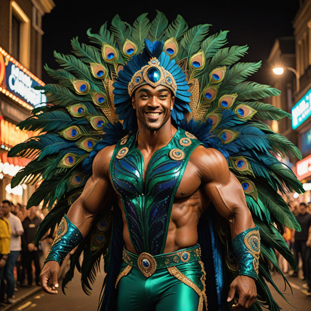 Muscular Carnival Peacock in Vibrant Rio Carnival Attire