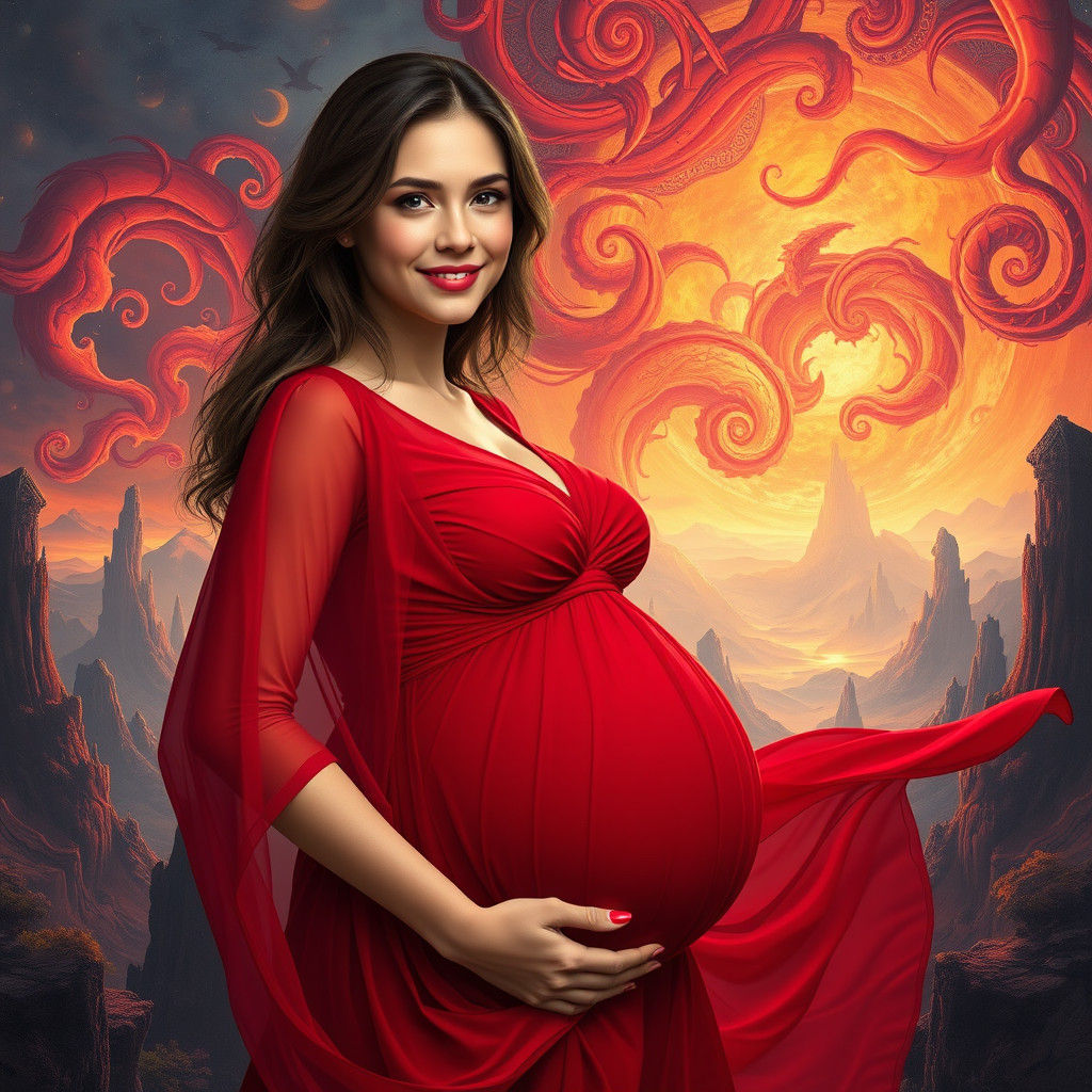 Pregnant Woman in Red Dress in Dreamlike Landscape