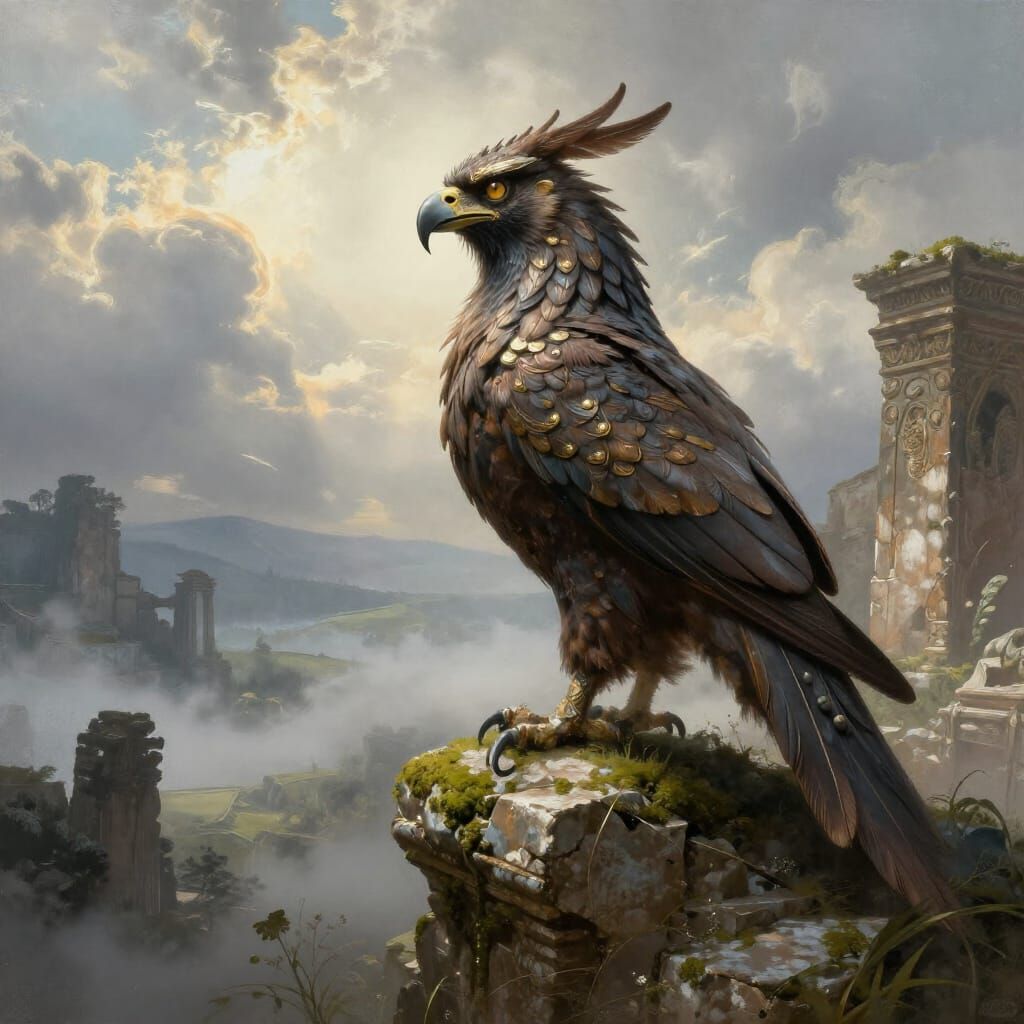 Majestic Griffin on Ruin Overlooking Misty Valley