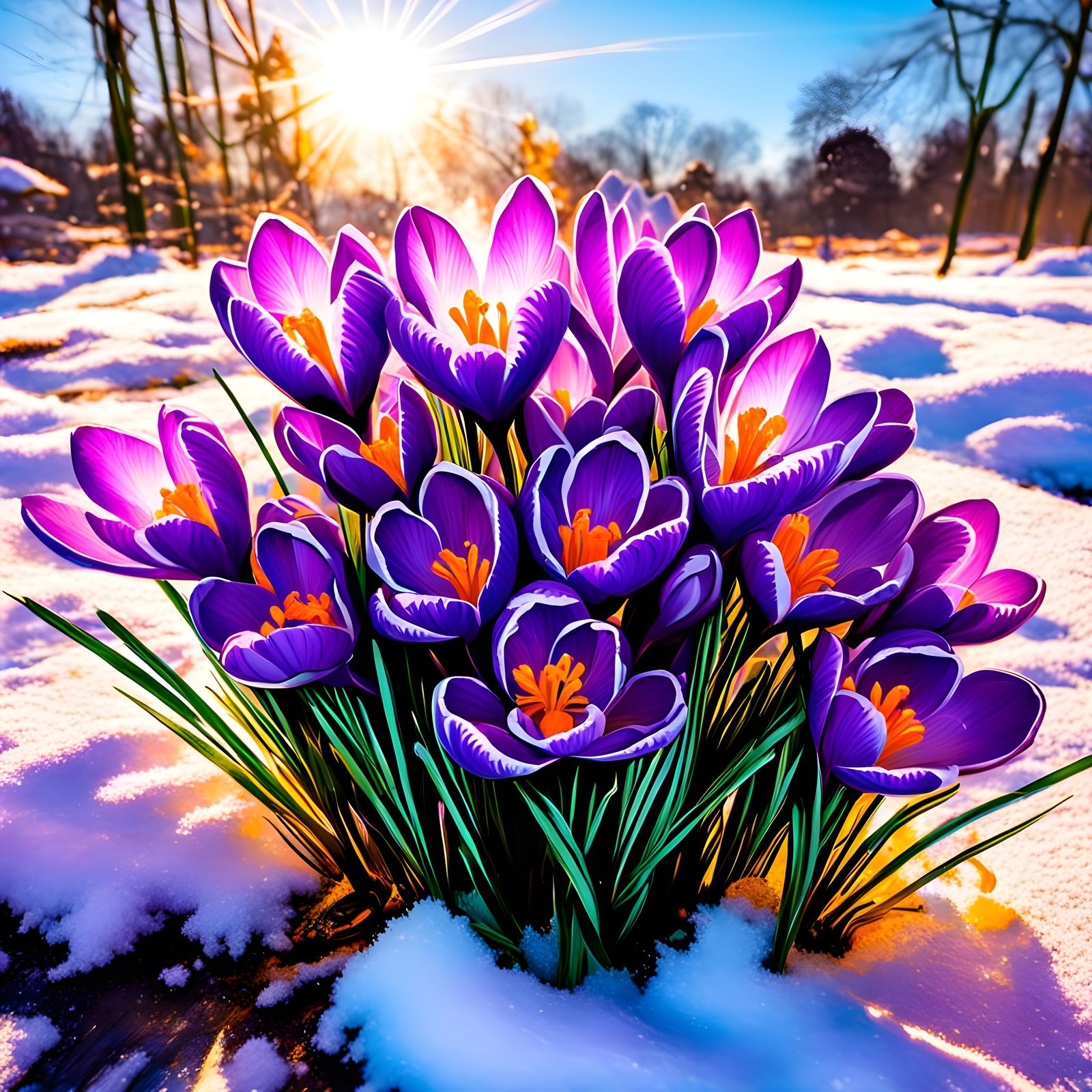 Mauve Crocus Cluster in Snow: Graffiti Art