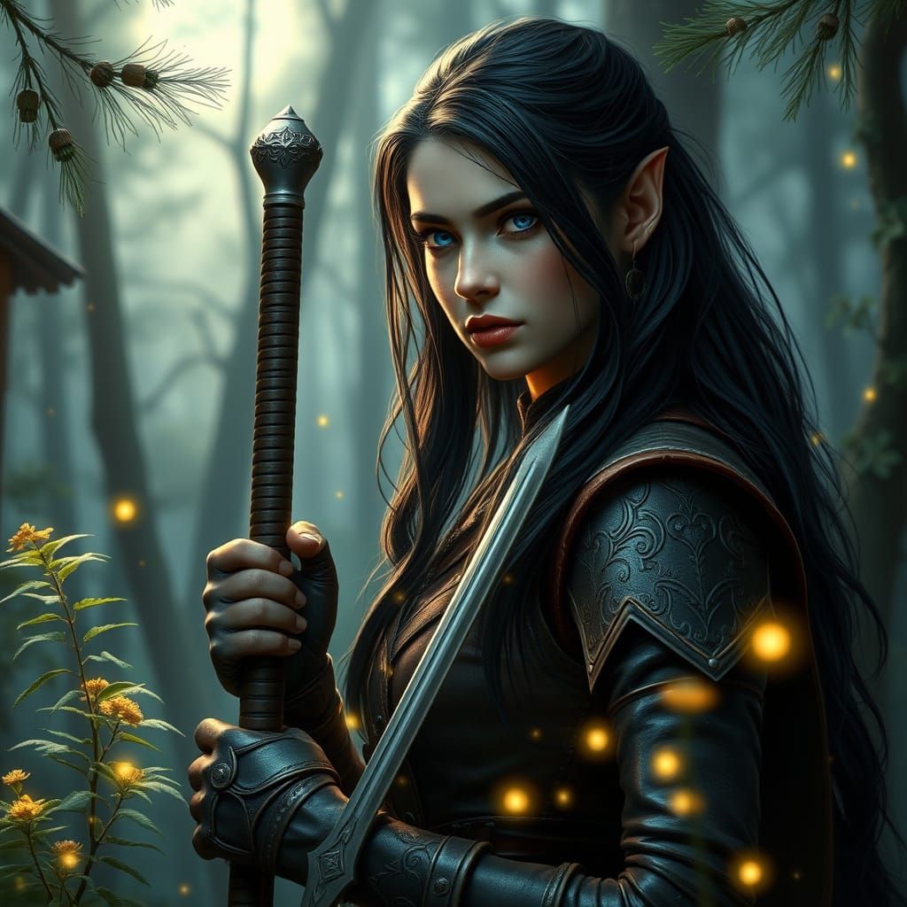 Half-Elf Huntress in Mystical Forest Glade