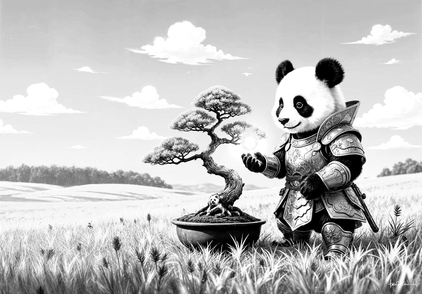 Panda warrior  and bonzai