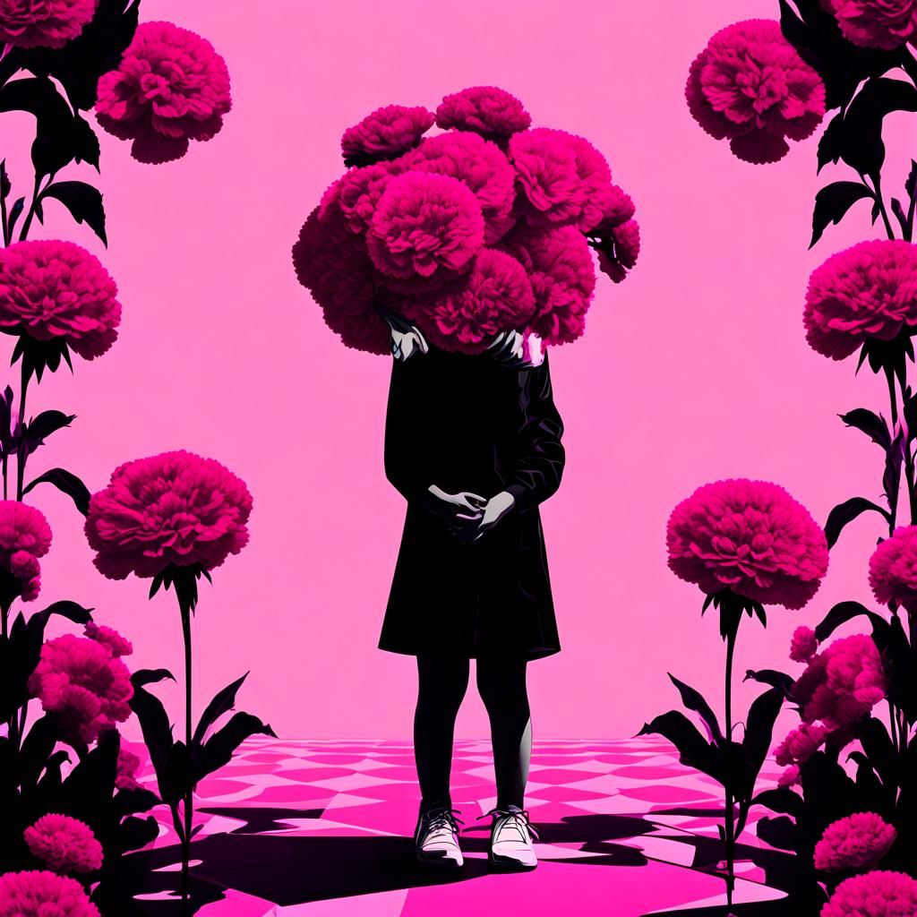 Magenta Black Toddler with Carnations in Pop Art