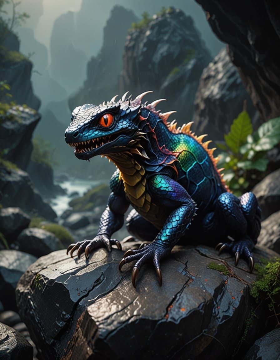 Vibrant, Iridescent Creature perched on Rocky Outcropping in...