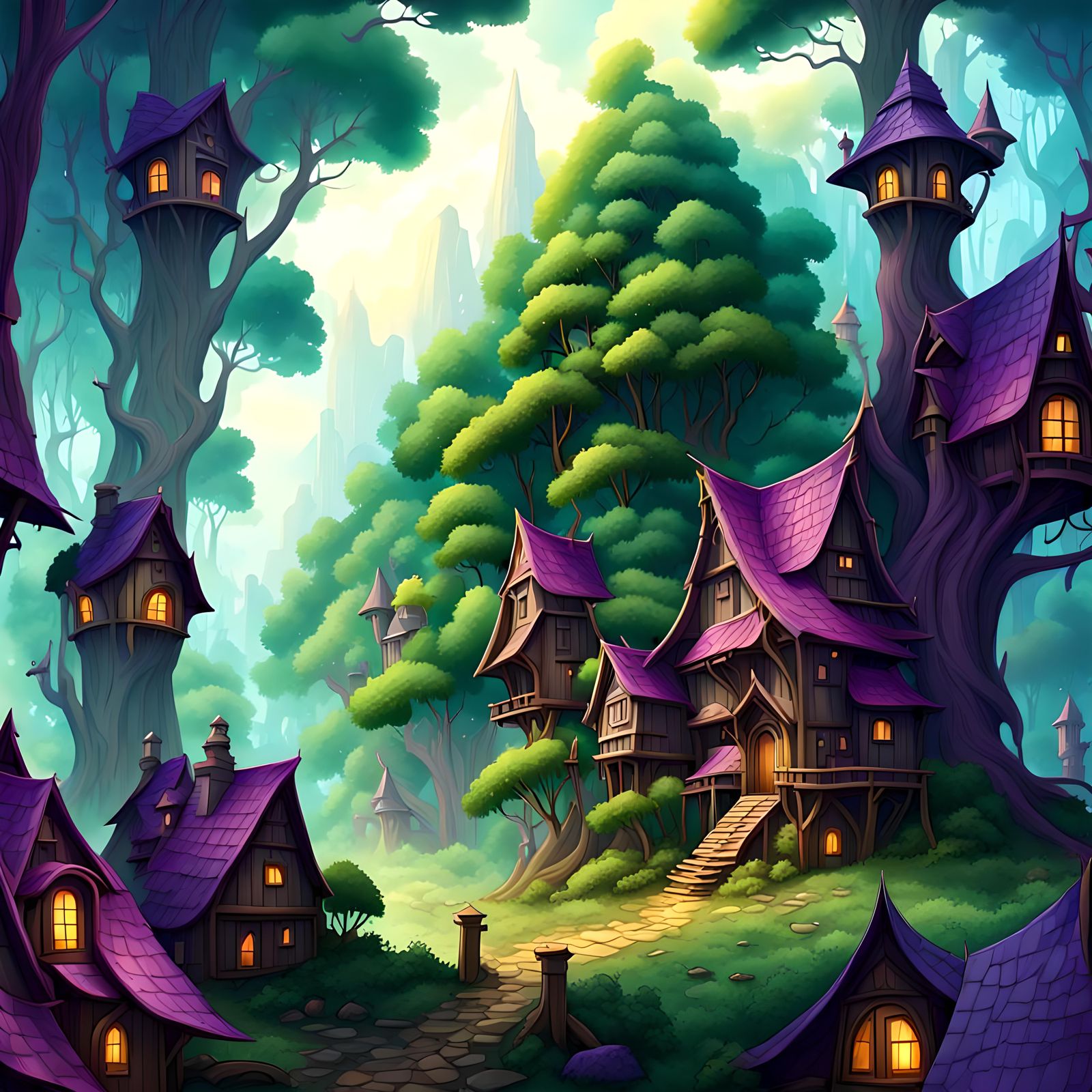 purple roofed houses, ultradetailed fantasy background village, background forest