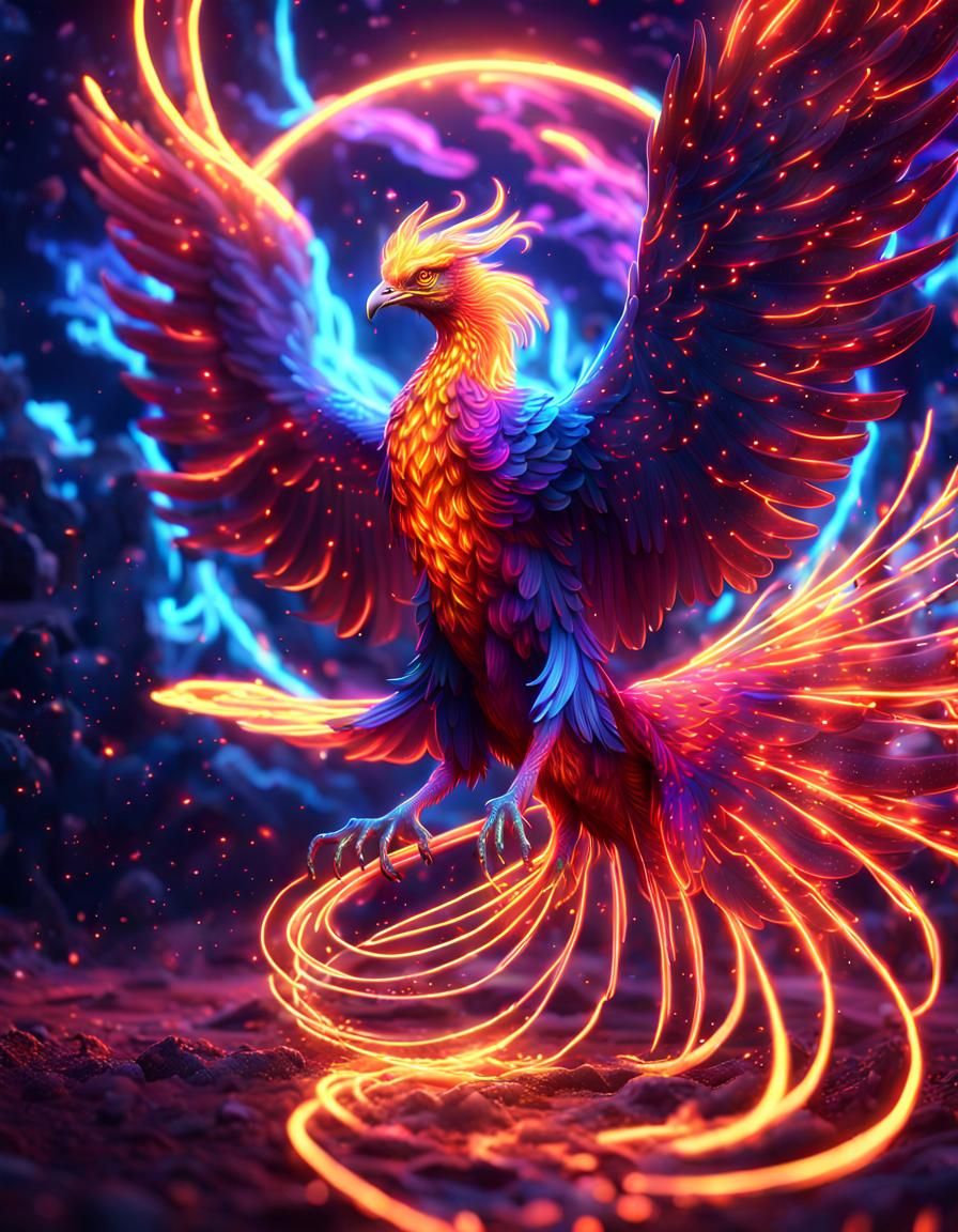 Neon Phoenix in Flight with Galaxy Background