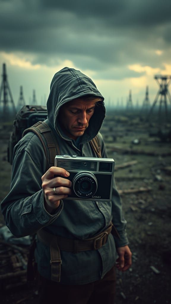 Post-Apocalyptic Survivor with Polaroid Camera in Gritty Sty...