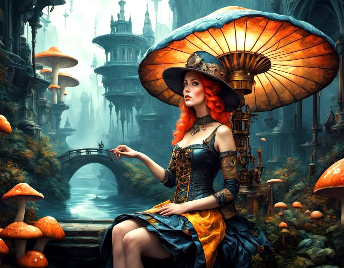 Steampunk Landscape with Woman in Art Deco Style
