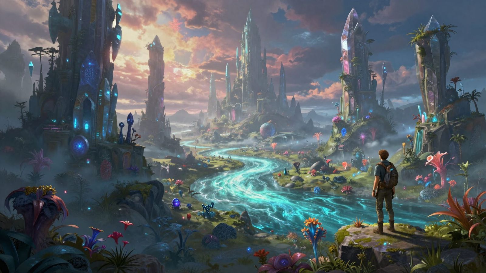 Alien Landscape with Crystalline Structures and Explorer