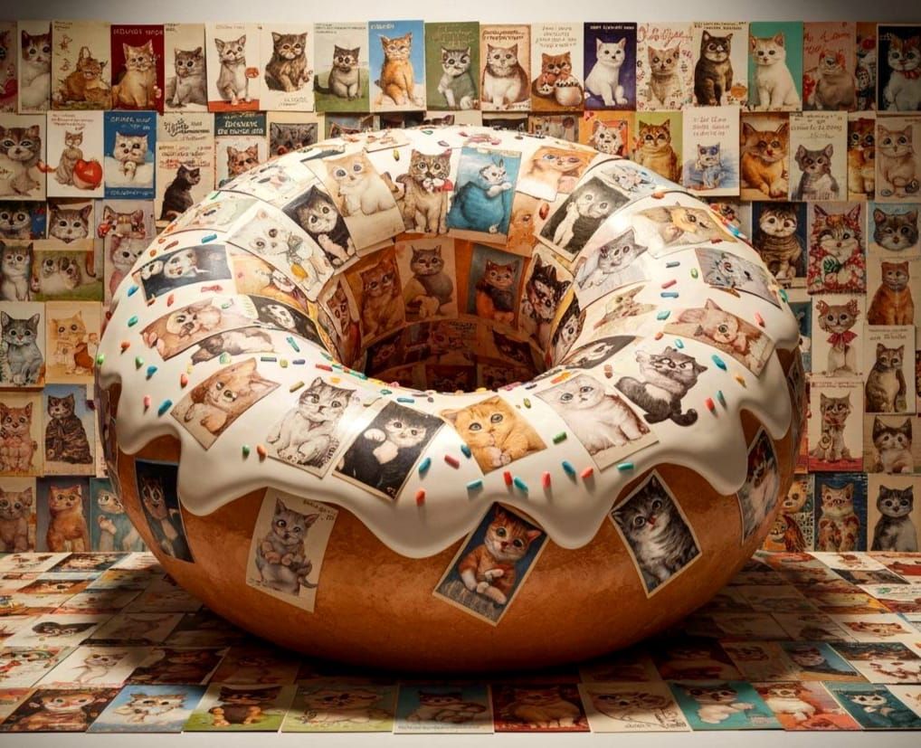 Vintage Cat Card Collage Forms Giant Donut Statue