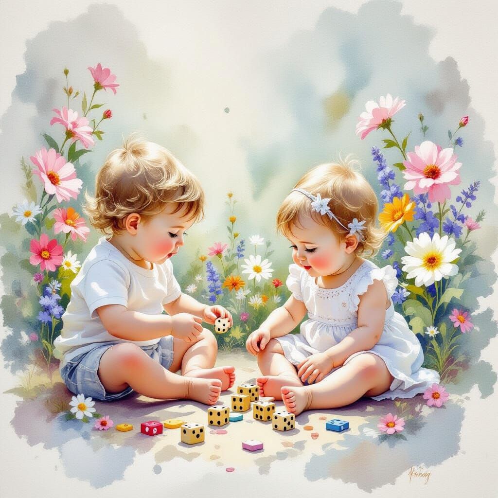 Ethereal Watercolour of Siblings Playing Jacks