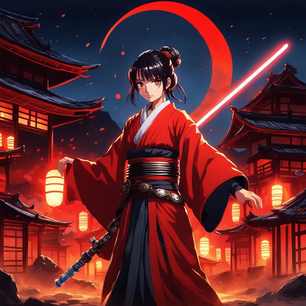 Anime Girl with Lightsaber in Burning Village