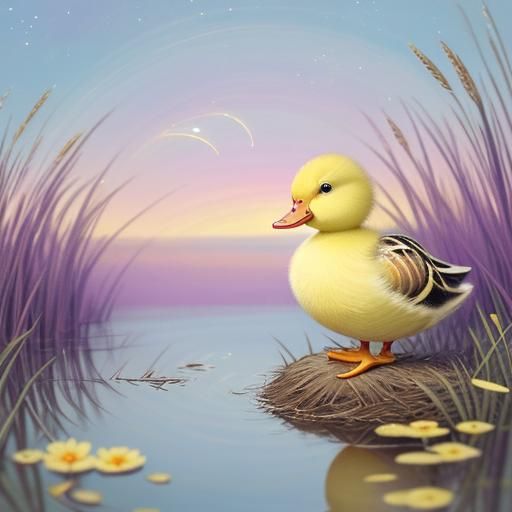 A cute, pouting duckling sits in a small puddle while the sk...