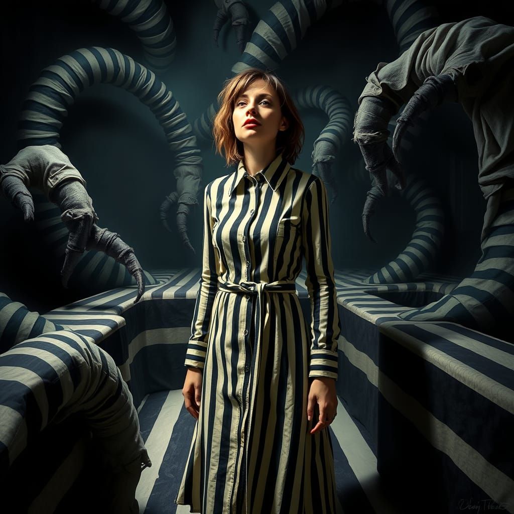 Woman Trapped in Escher-Inspired Labyrinth of Twisted Stripe...