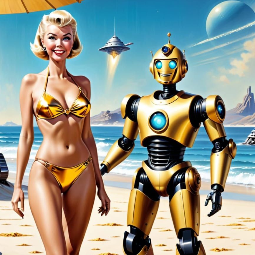 Retro Sci-Fi Girl and Robot on Alien Beach