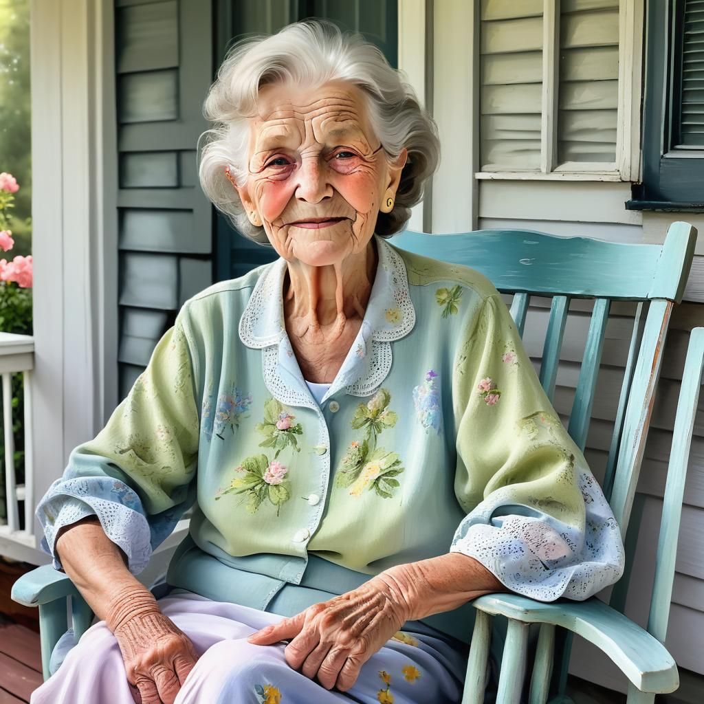 Dreamy Pastel Portrait of Elderly Woman on Porch