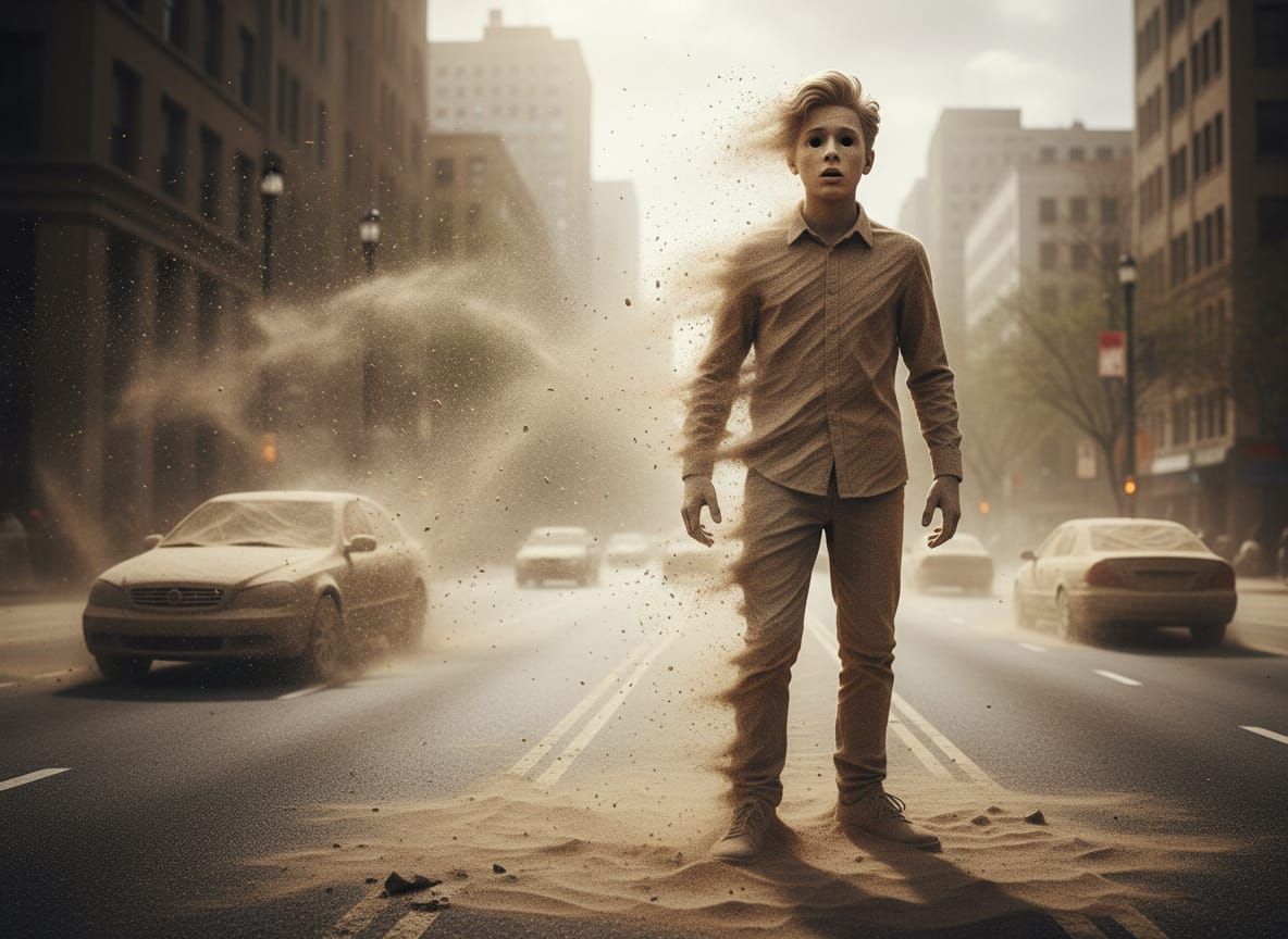 Sand Teenager Dissipates on Street Corner in Wind