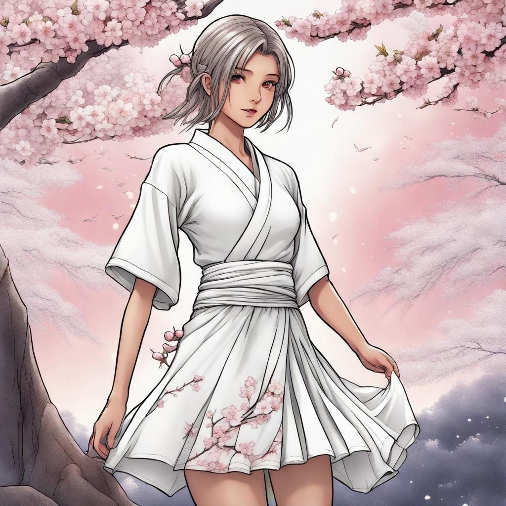Anime Girl Coloring Page with Cherry Blossoms