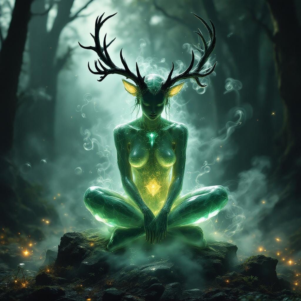 Crystal Goddess with Antlers in Chaotic Woods