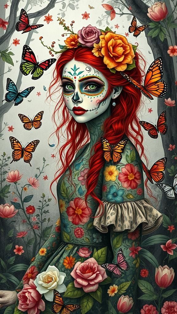 Day of the Dead Spirit in Floral Dreamscape