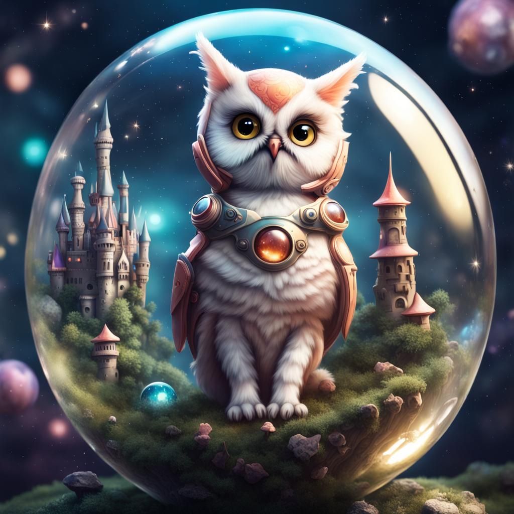 Surreal Dreamscape: Owl Kitten Puppy in Space