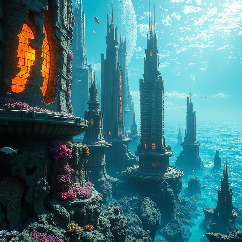 Futuristic City Submerged in Sparkling Sea, Nature Reclaims