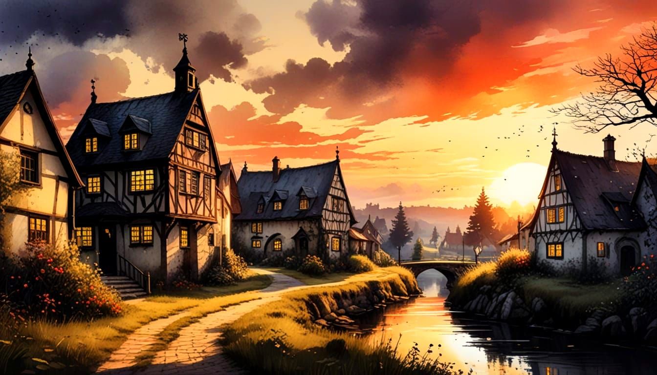 Whimsical Gothic Village at Sunset, in Vintage Watercolor St...