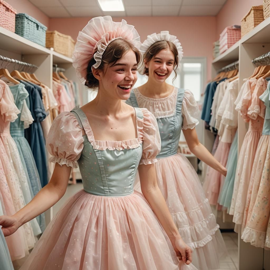 Crossdressed Boy in Tulle Dress, Fitting Room Portrait