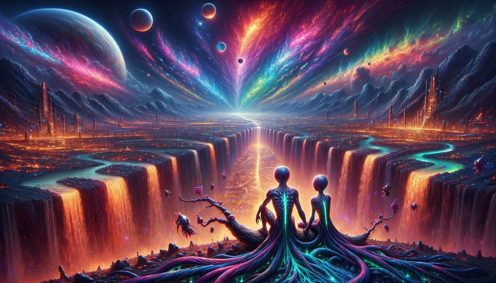Alien Lovers Admire Neon Waterfalls and Cityscape in Dazzlin...