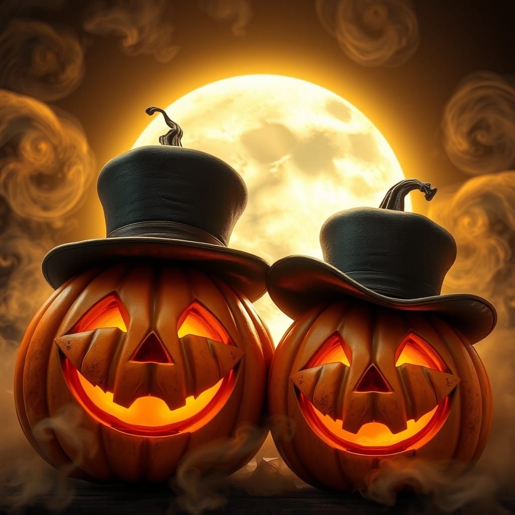 Pumpkins Grinning Under Full Moon in Mystical Light