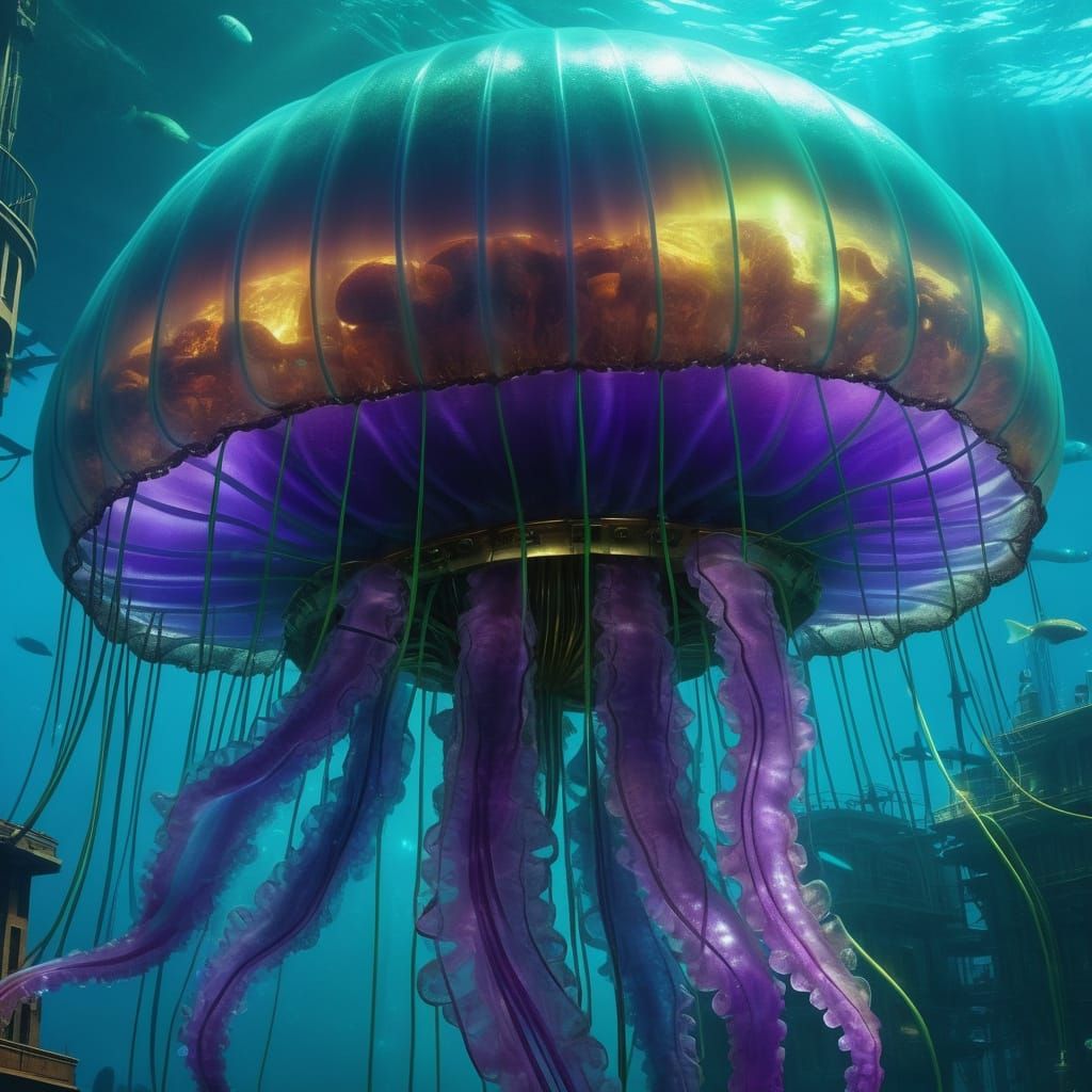 Underwater Steampunk City Protected by Jellyfish