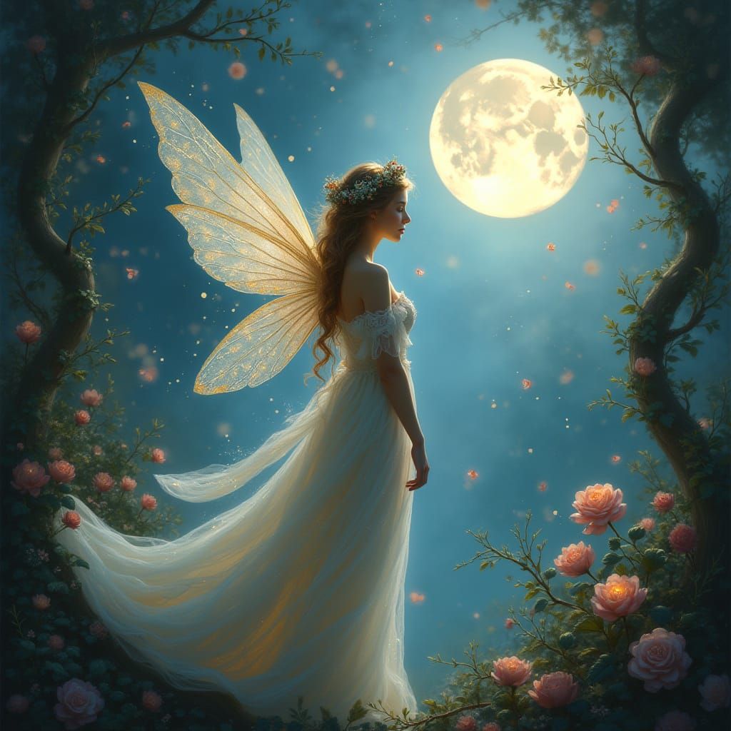 Radiant Fairy in Moonlit Garden, Oil Painting