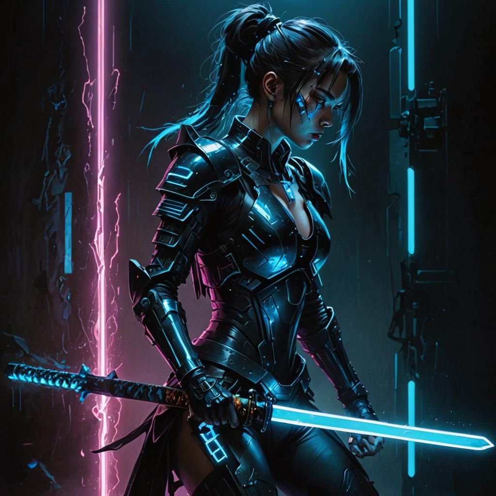 Cyberpunk Samurai Strikes Prismatic Figure in Neon Room