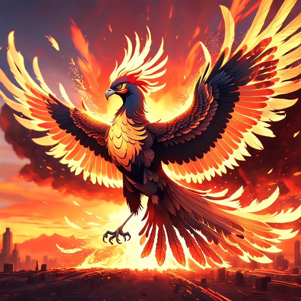 Majestic Phoenix Soaring at Sunset: Digital Matte Painting