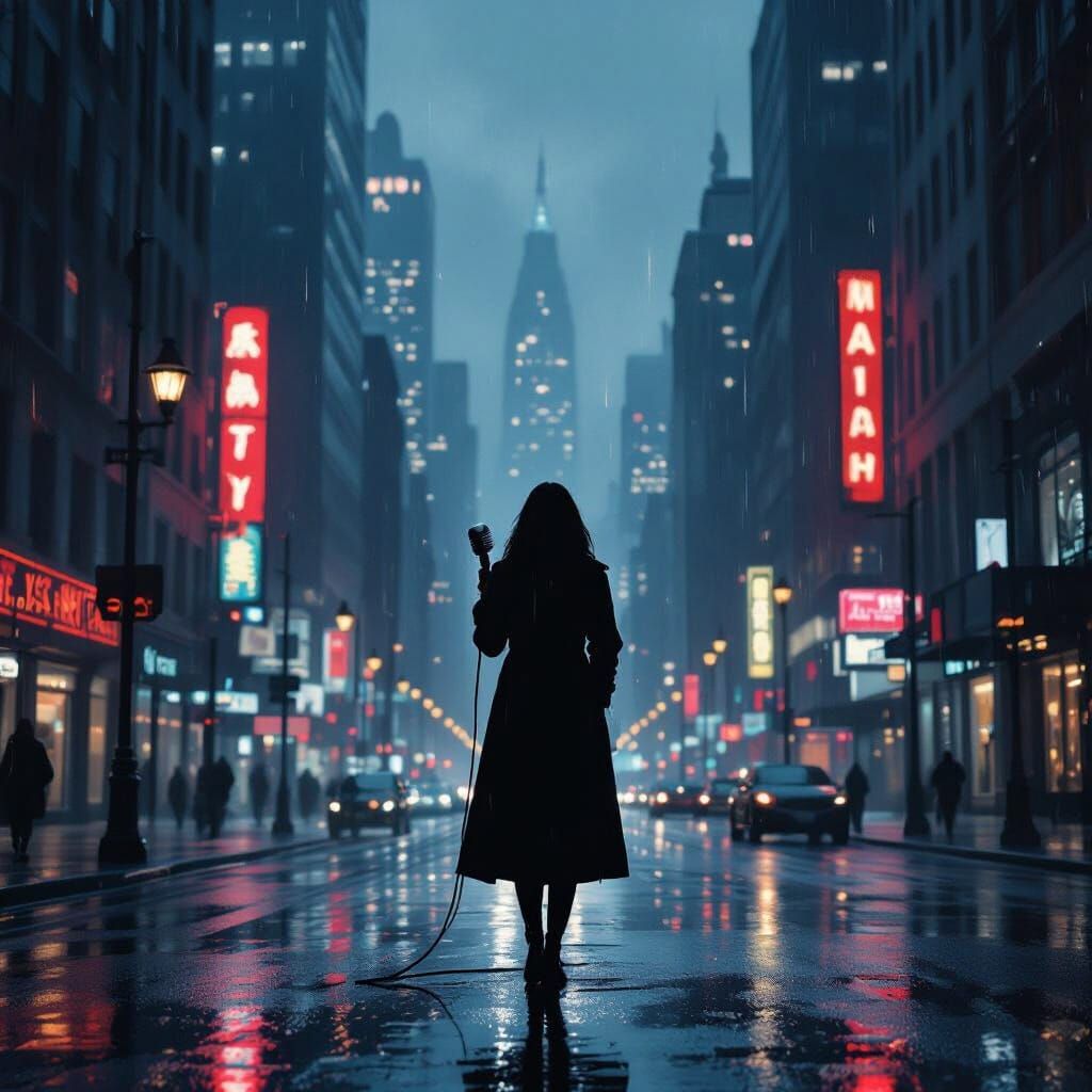 Woman with Vintage Microphone on Rainy City Street at Dusk