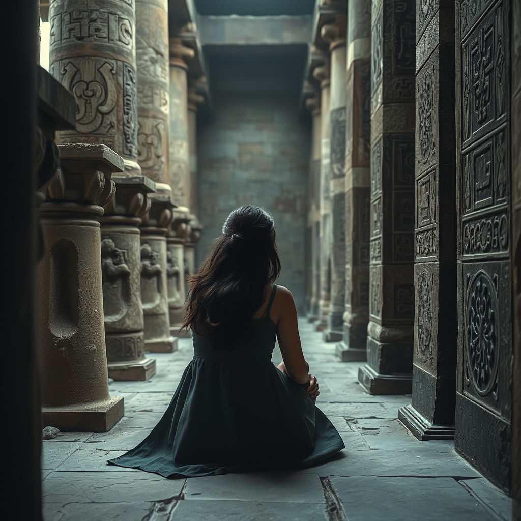 Contemplative Woman Amidst Ancient Stone Columns