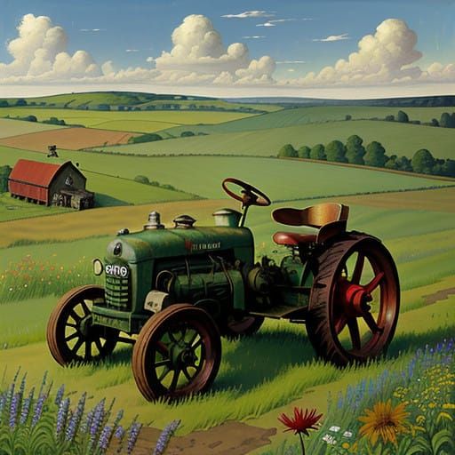 Vintage Red Tractor in Lush Green Meadow