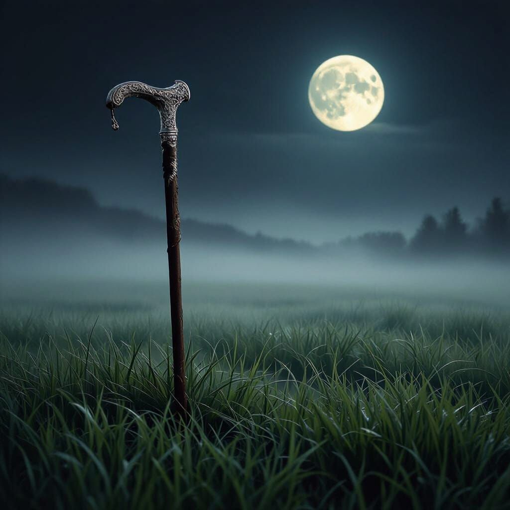 Mysterious Foggy Night Scene With Full Moon and Cane