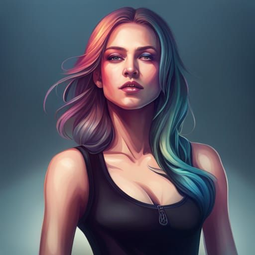 Rainbow Haired Girl Portrait in Digital Art Style