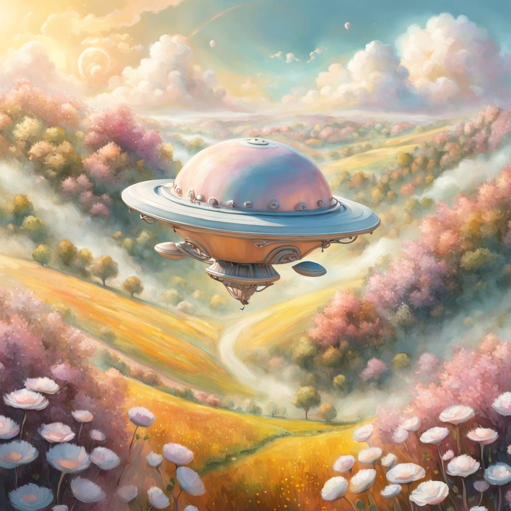 Whimsical Gingham Planet Landscape in Dreamy, Ethereal Color...
