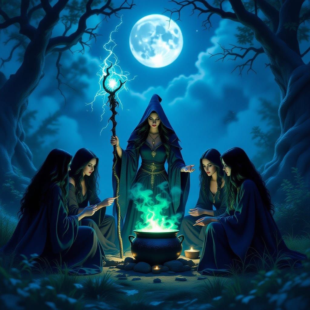 Witches Ritual in Moonlit Clearing Digital Art