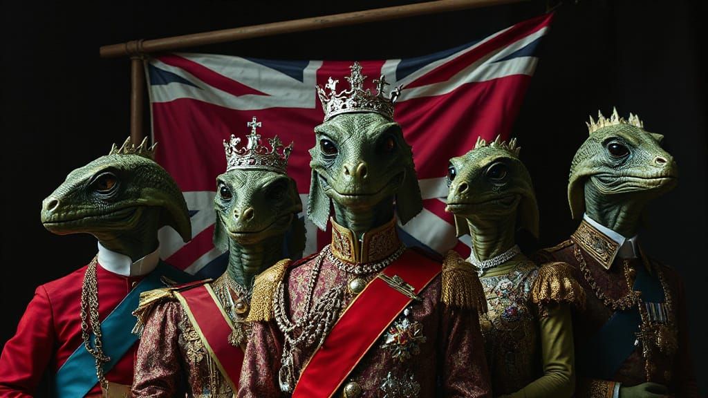 British Royals as Reptilians in Dark Neo-Surrealist Style