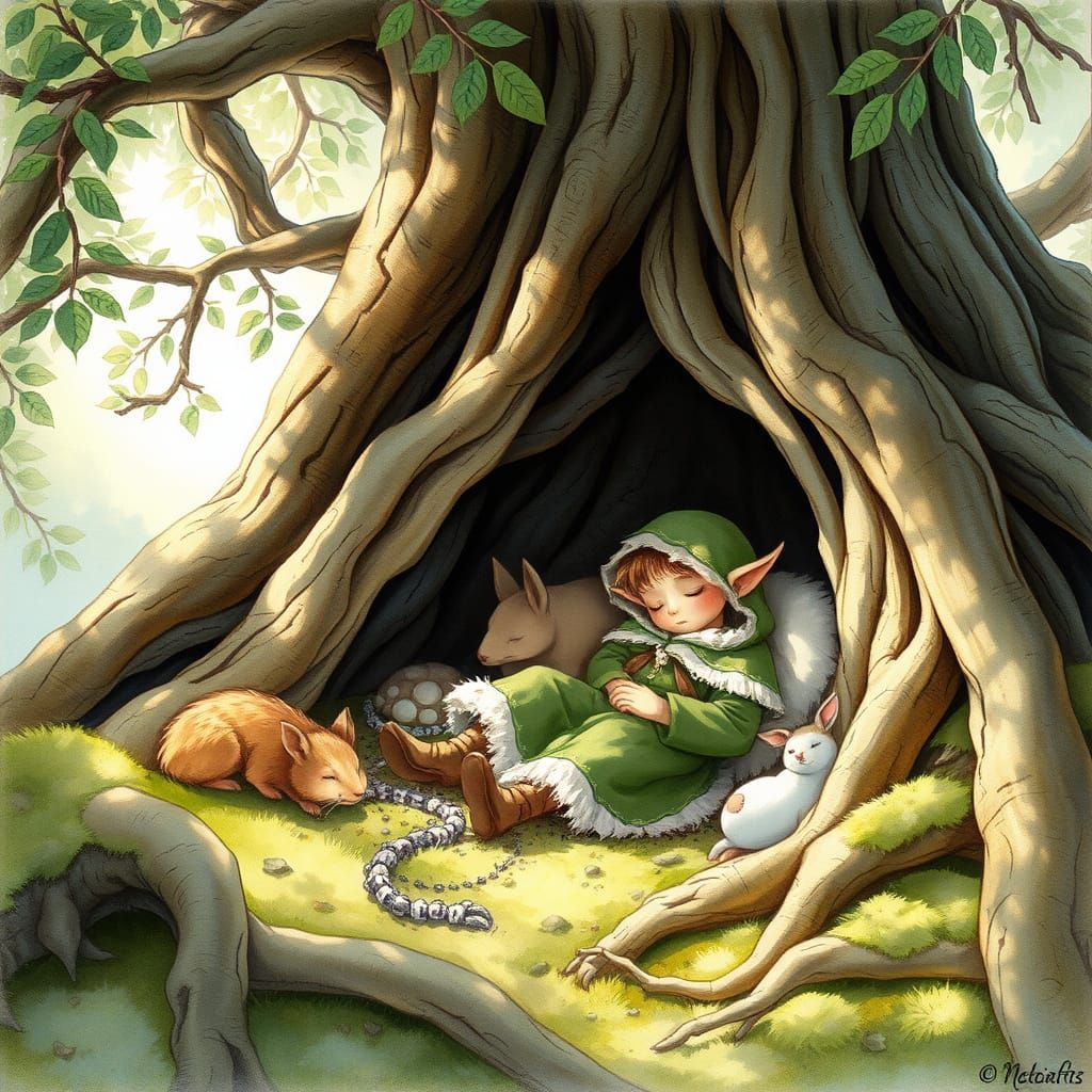 Elf Napping in Burrow, Dreamy Watercolor Style