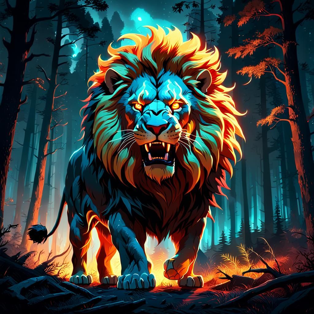 Glowing Lion Roaring in Dark Forest, 3D Render
