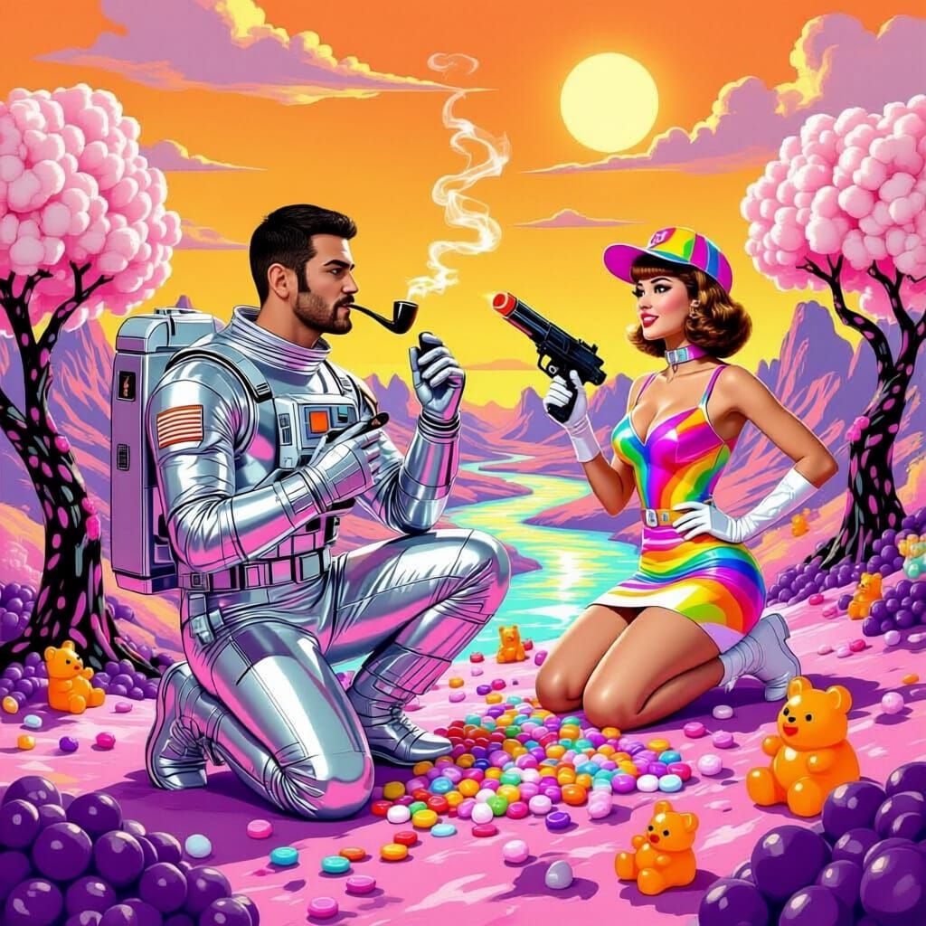 Retro Sci-Fi Candy Planet Exploration with Starship Crew